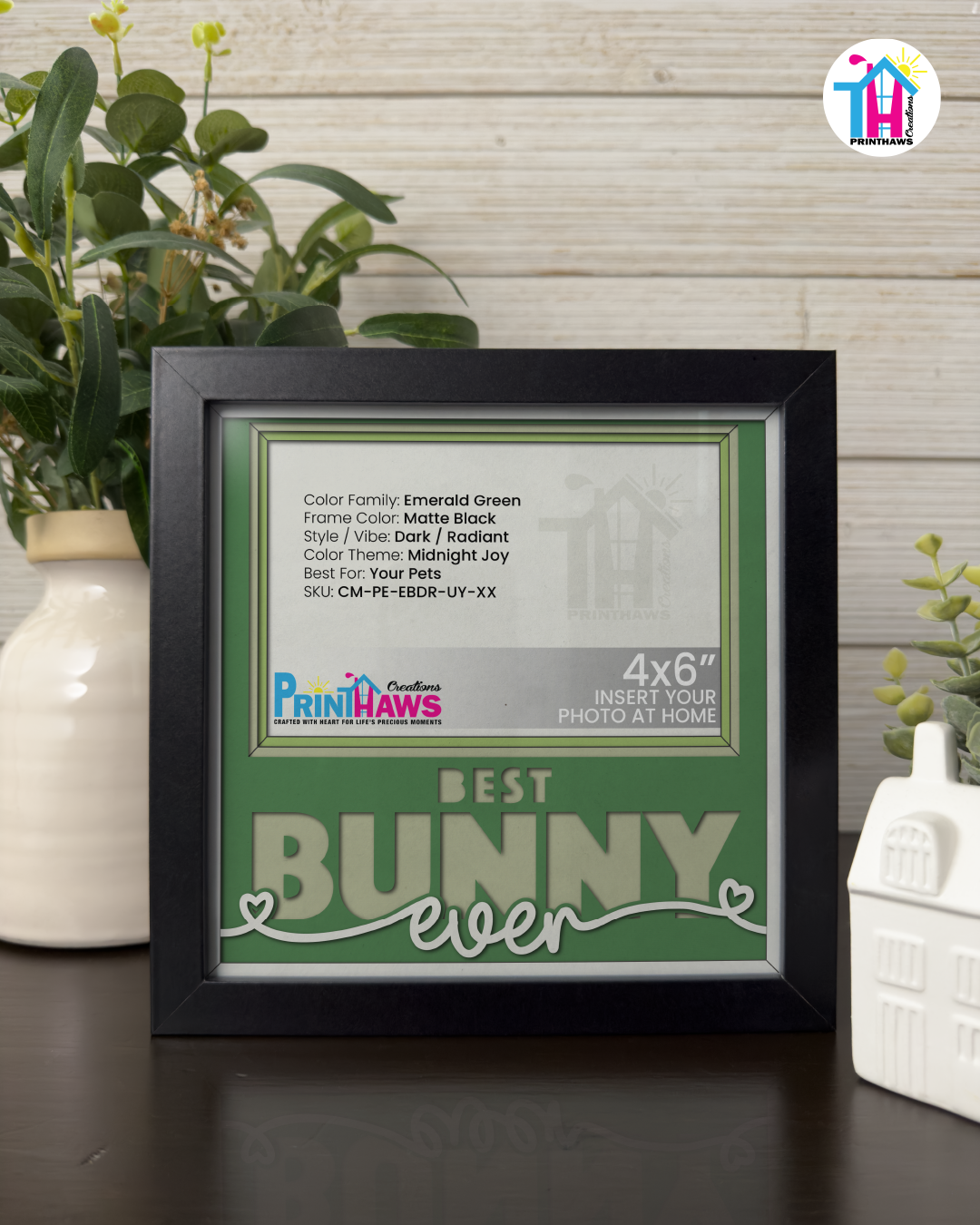 Best Bunny Ever - Crafted Memoirs Photo Frame By Printhaws Creations, Matte Black Frame In Emerald Green, Midnight Joy Theme (Dark, Radiant), 8x8 Frame Holds (4R) Photo -  For Your Pets