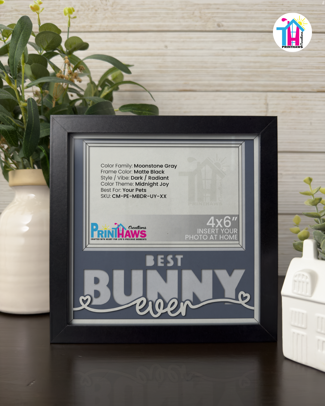 Best Bunny Ever - Crafted Memoirs Photo Frame By Printhaws Creations, Matte Black Frame In Moonstone Gray, Midnight Joy Theme (Dark, Radiant), 8x8 Frame Holds (4R) Photo -  For Your Pets