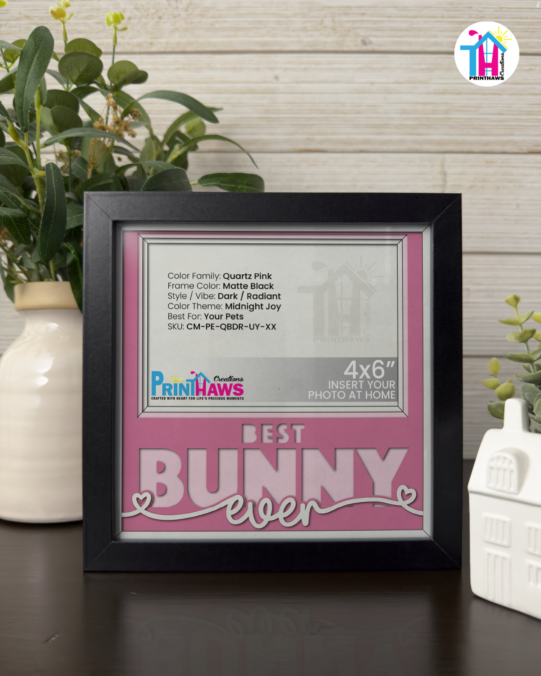 Best Bunny Ever - Crafted Memoirs Photo Frame By Printhaws Creations, Matte Black Frame In Quartz Pink, Midnight Joy Theme (Dark, Radiant), 8x8 Frame Holds (4R) Photo -  For Your Pets