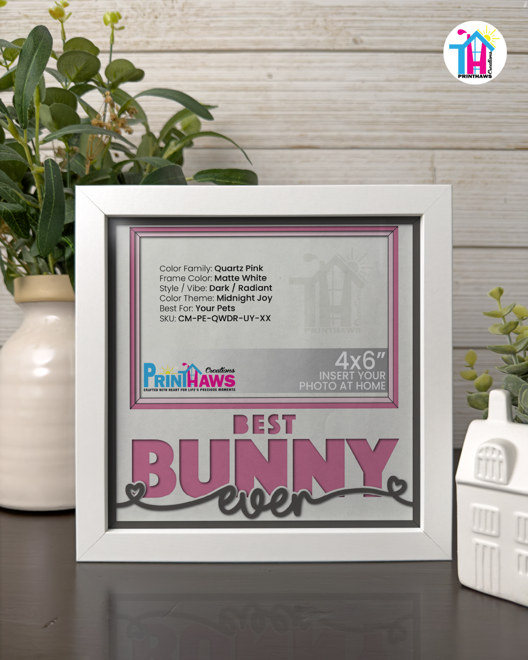 Best Bunny Ever - Crafted Memoirs Photo Frame By Printhaws Creations, Matte White Frame In Quartz Pink, Midnight Joy Theme (Dark, Radiant), 8x8 Frame Holds (4R) Photo -  For Your Pets