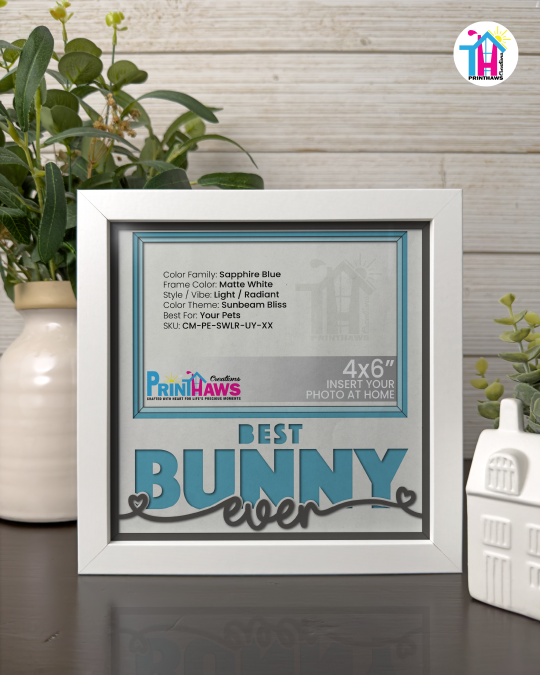 Best Bunny Ever - Crafted Memoirs Photo Frame By Printhaws Creations, Matte White Frame In Sapphire Blue, Sunbeam Bliss Theme (Light, Radiant), 8x8 Frame Holds (4R) Photo -  For Your Pets