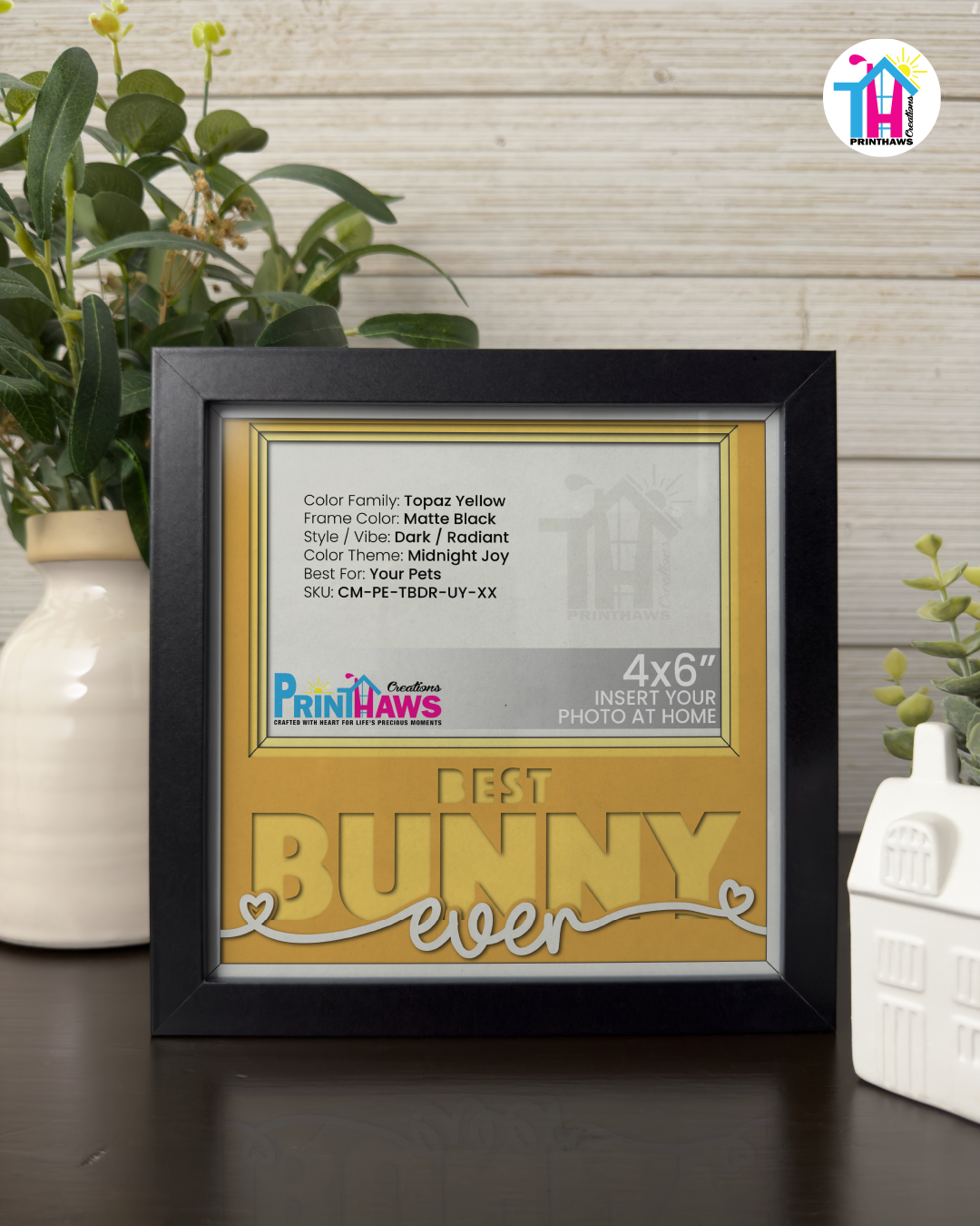 Best Bunny Ever - Crafted Memoirs Photo Frame By Printhaws Creations, Matte Black Frame In Topaz Yellow, Midnight Joy Theme (Dark, Radiant), 8x8 Frame Holds (4R) Photo -  For Your Pets