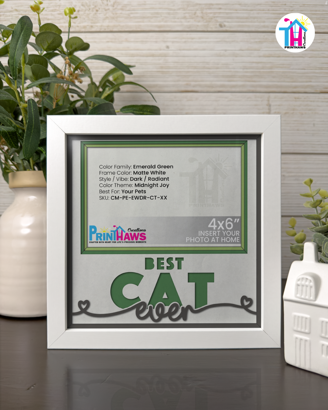 Best Cat Ever - Crafted Memoirs Photo Frame By Printhaws Creations, Matte White Frame In Emerald Green, Midnight Joy Theme (Dark, Radiant), 8x8 Frame Holds (4R) Photo -  For Your Pets