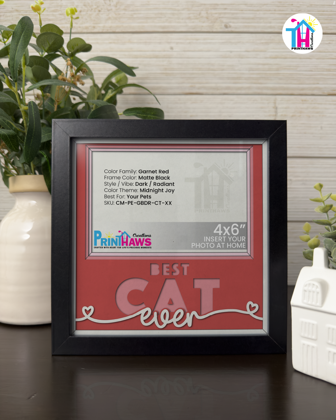 Best Cat Ever - Crafted Memoirs Photo Frame By Printhaws Creations, Matte Black Frame In Garnet Red, Midnight Joy Theme (Dark, Radiant), 8x8 Frame Holds (4R) Photo -  For Your Pets