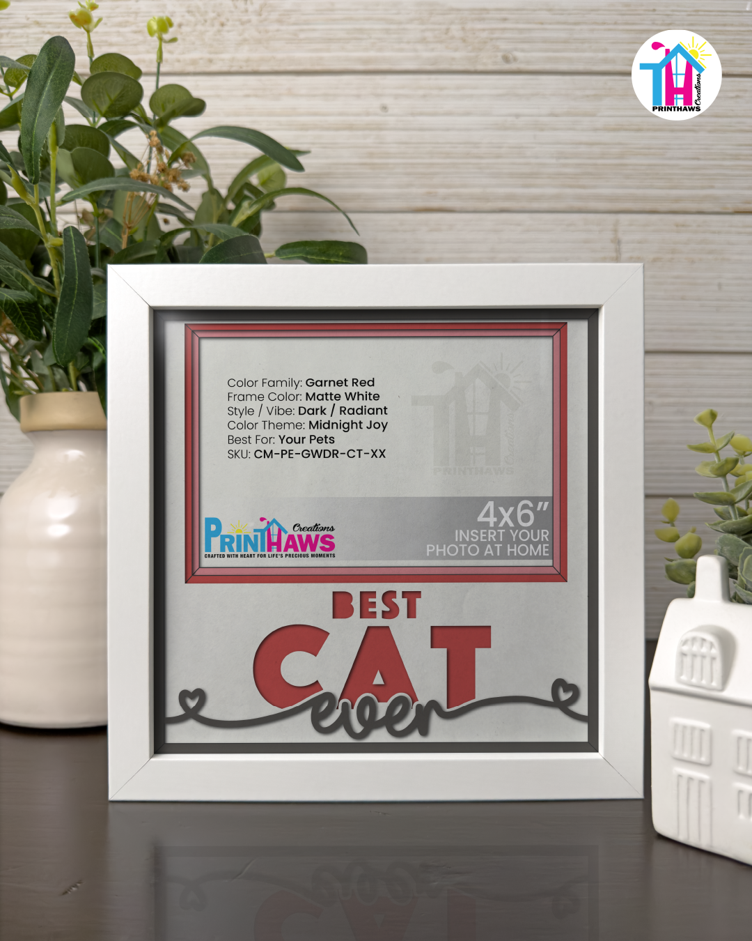 Best Cat Ever - Crafted Memoirs Photo Frame By Printhaws Creations, Matte White Frame In Garnet Red, Midnight Joy Theme (Dark, Radiant), 8x8 Frame Holds (4R) Photo -  For Your Pets