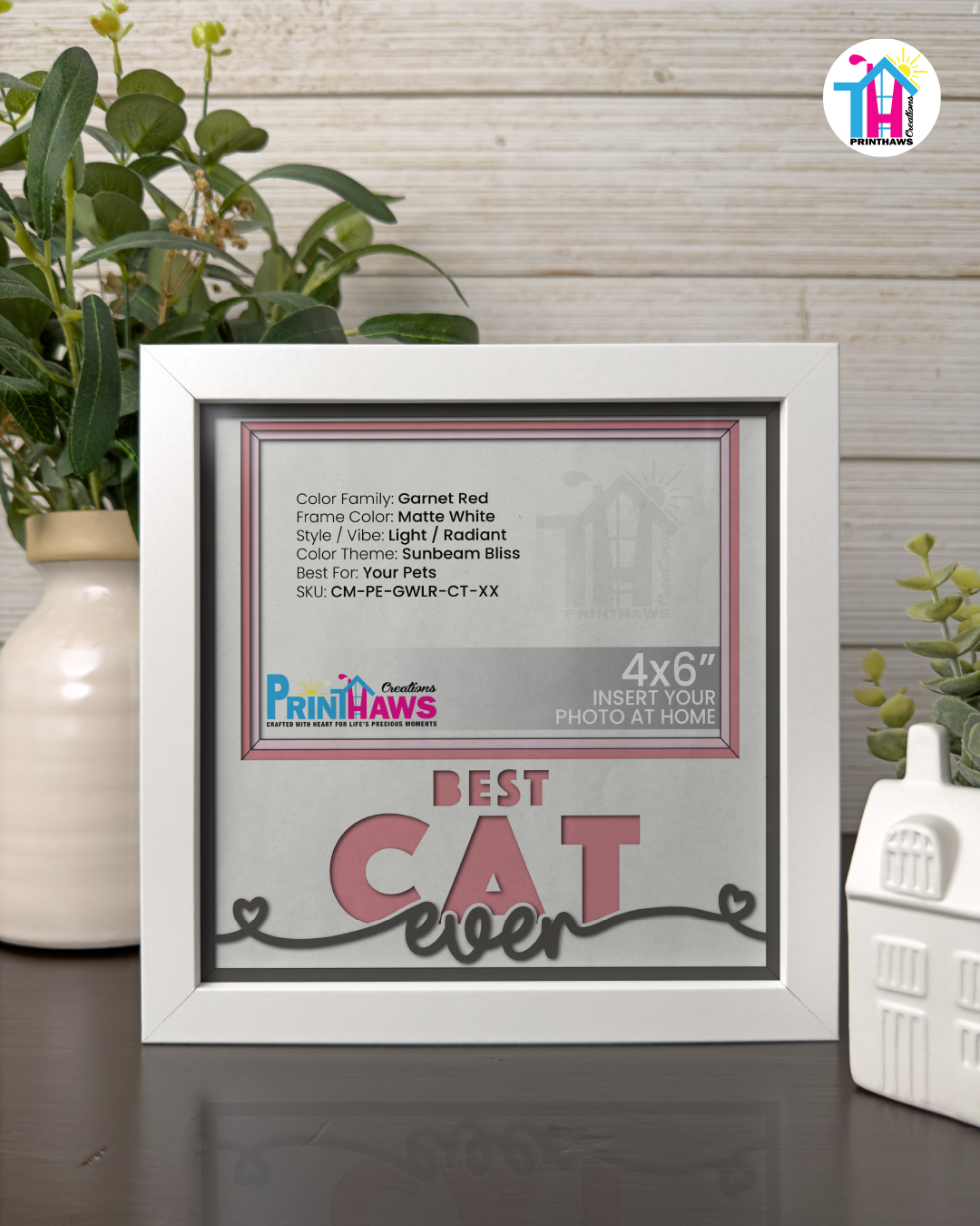 Best Cat Ever - Crafted Memoirs Photo Frame By Printhaws Creations, Matte White Frame In Garnet Red, Sunbeam Bliss Theme (Light, Radiant), 8x8 Frame Holds (4R) Photo -  For Your Pets