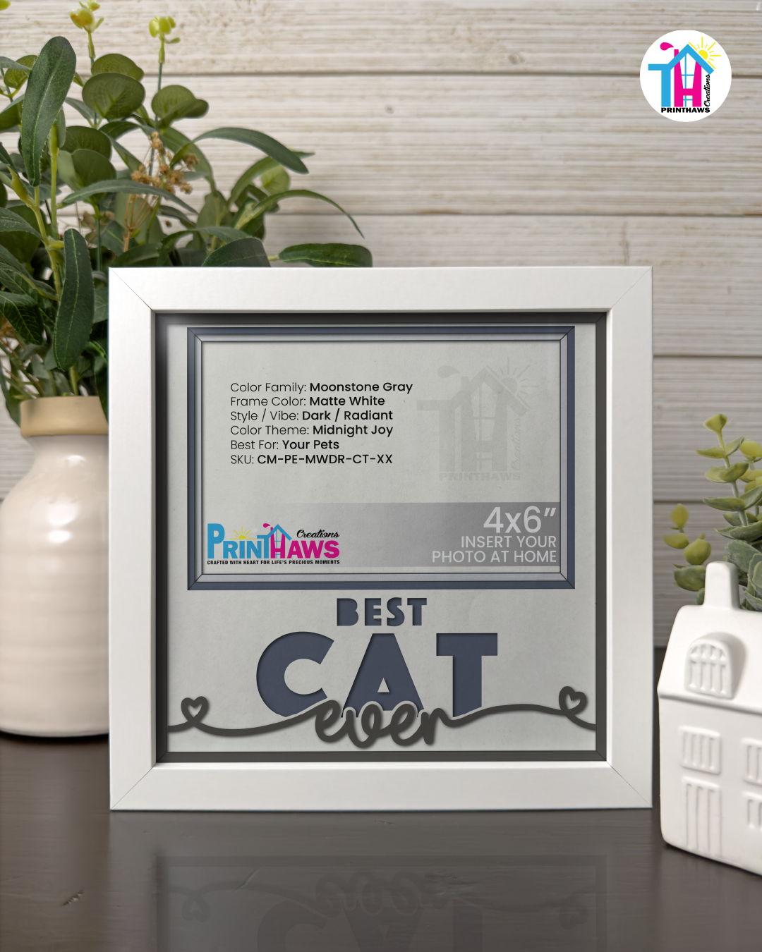 Best Cat Ever - Crafted Memoirs Photo Frame By Printhaws Creations, Matte White Frame In Moonstone Gray, Midnight Joy Theme (Dark, Radiant), 8x8 Frame Holds (4R) Photo -  For Your Pets