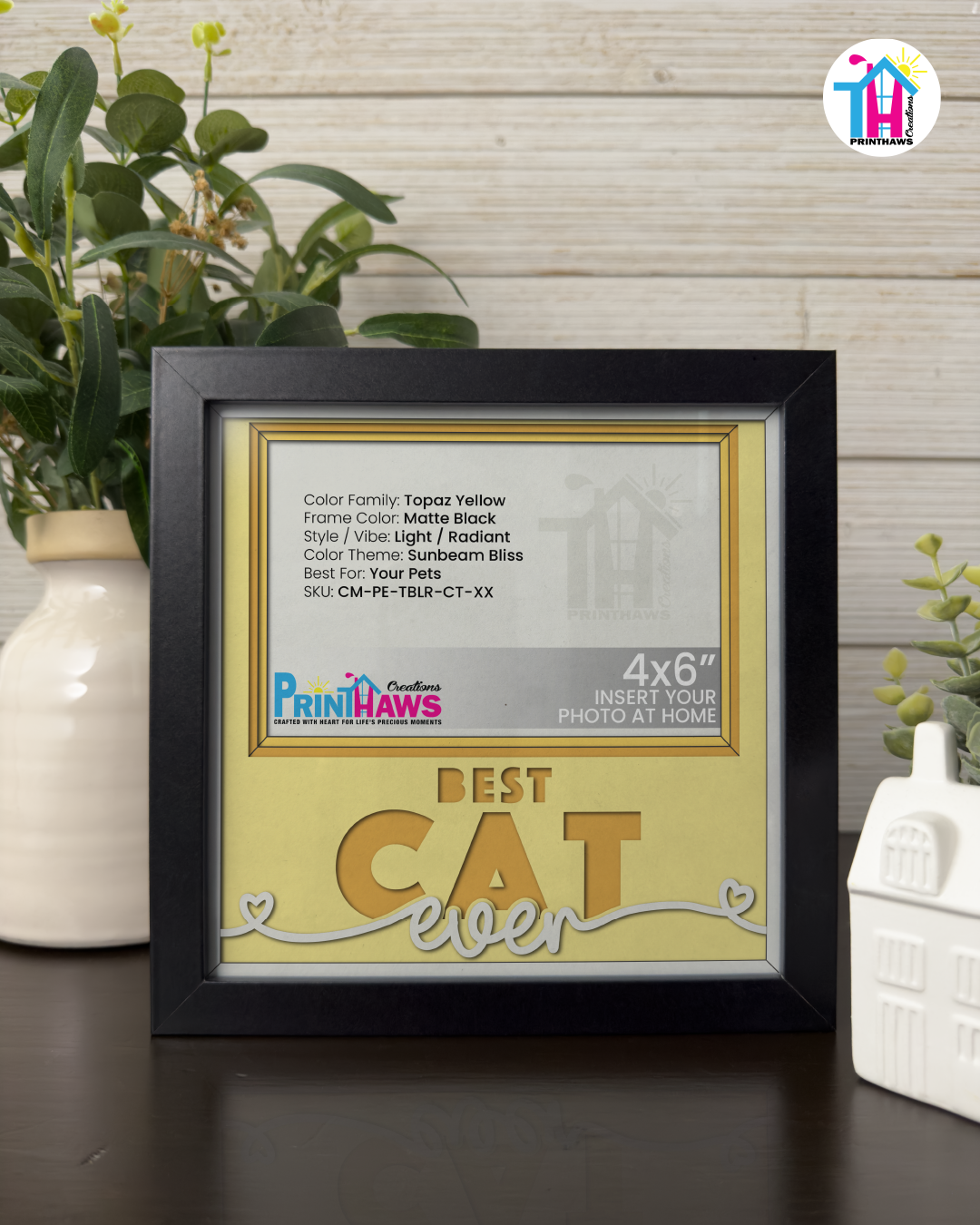 Best Cat Ever - Crafted Memoirs Photo Frame By Printhaws Creations, Matte Black Frame In Topaz Yellow, Sunbeam Bliss Theme (Light, Radiant), 8x8 Frame Holds (4R) Photo -  For Your Pets