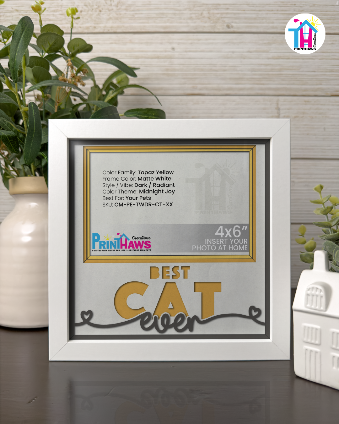 Best Cat Ever - Crafted Memoirs Photo Frame By Printhaws Creations, Matte White Frame In Topaz Yellow, Midnight Joy Theme (Dark, Radiant), 8x8 Frame Holds (4R) Photo -  For Your Pets
