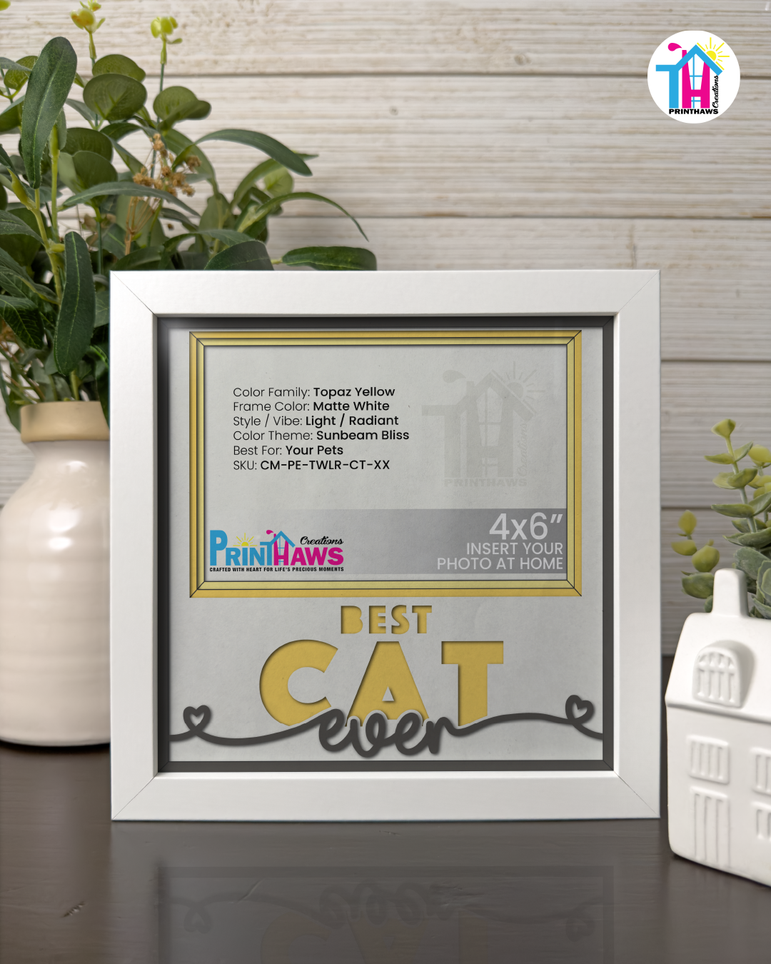Best Cat Ever - Crafted Memoirs Photo Frame By Printhaws Creations, Matte White Frame In Topaz Yellow, Sunbeam Bliss Theme (Light, Radiant), 8x8 Frame Holds (4R) Photo -  For Your Pets