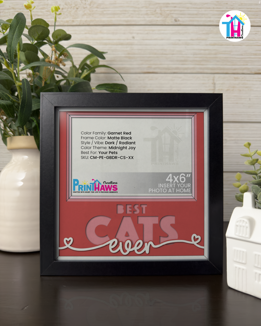Best Cats Ever - Crafted Memoirs Photo Frame By Printhaws Creations, Matte Black Frame In Garnet Red, Midnight Joy Theme (Dark, Radiant), 8x8 Frame Holds (4R) Photo -  For Your Pets