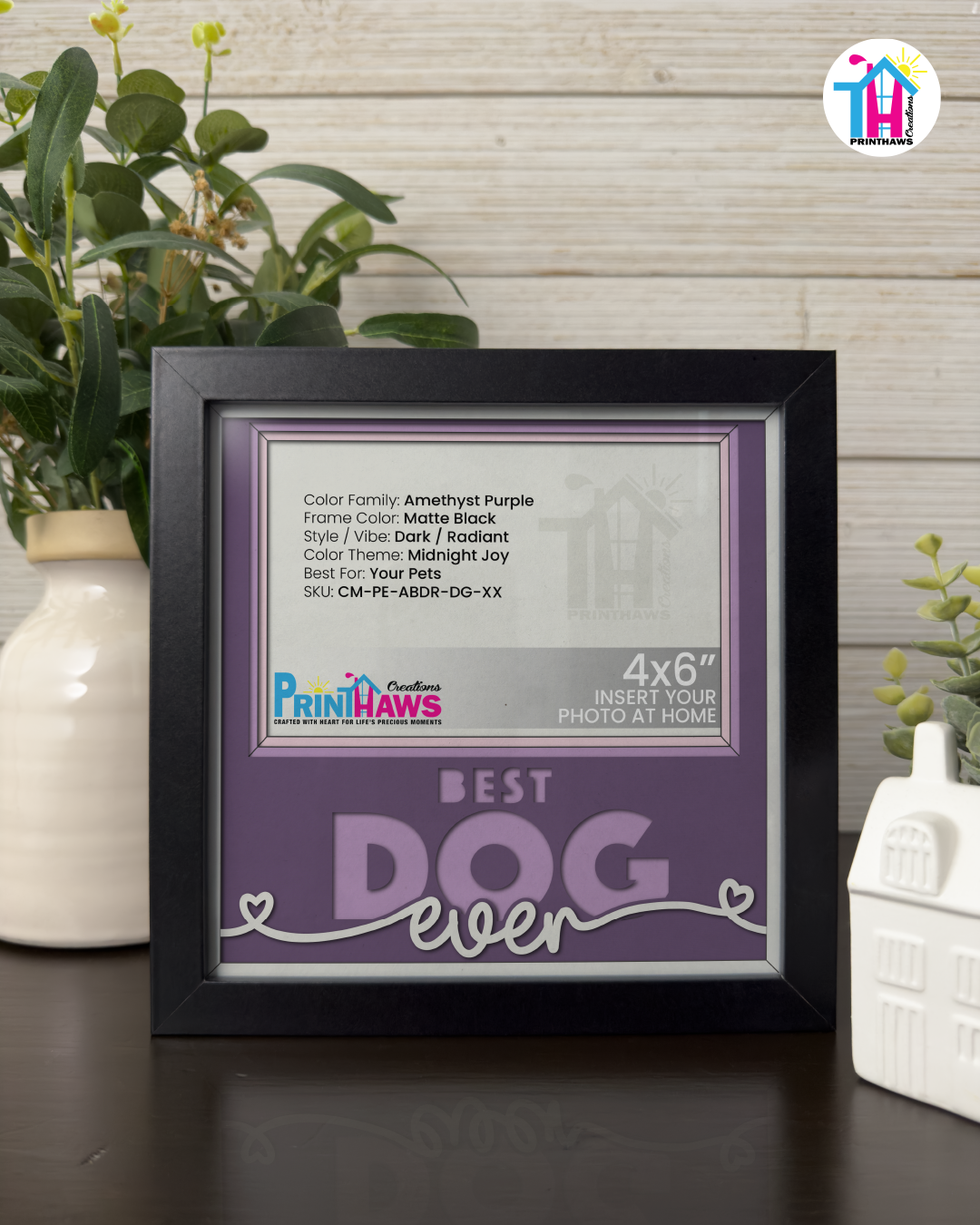 Best Dog Ever - Crafted Memoirs Photo Frame By Printhaws Creations, Matte Black Frame In Amethyst Purple, Midnight Joy Theme (Dark, Radiant), 8x8 Frame Holds (4R) Photo -  For Your Pets