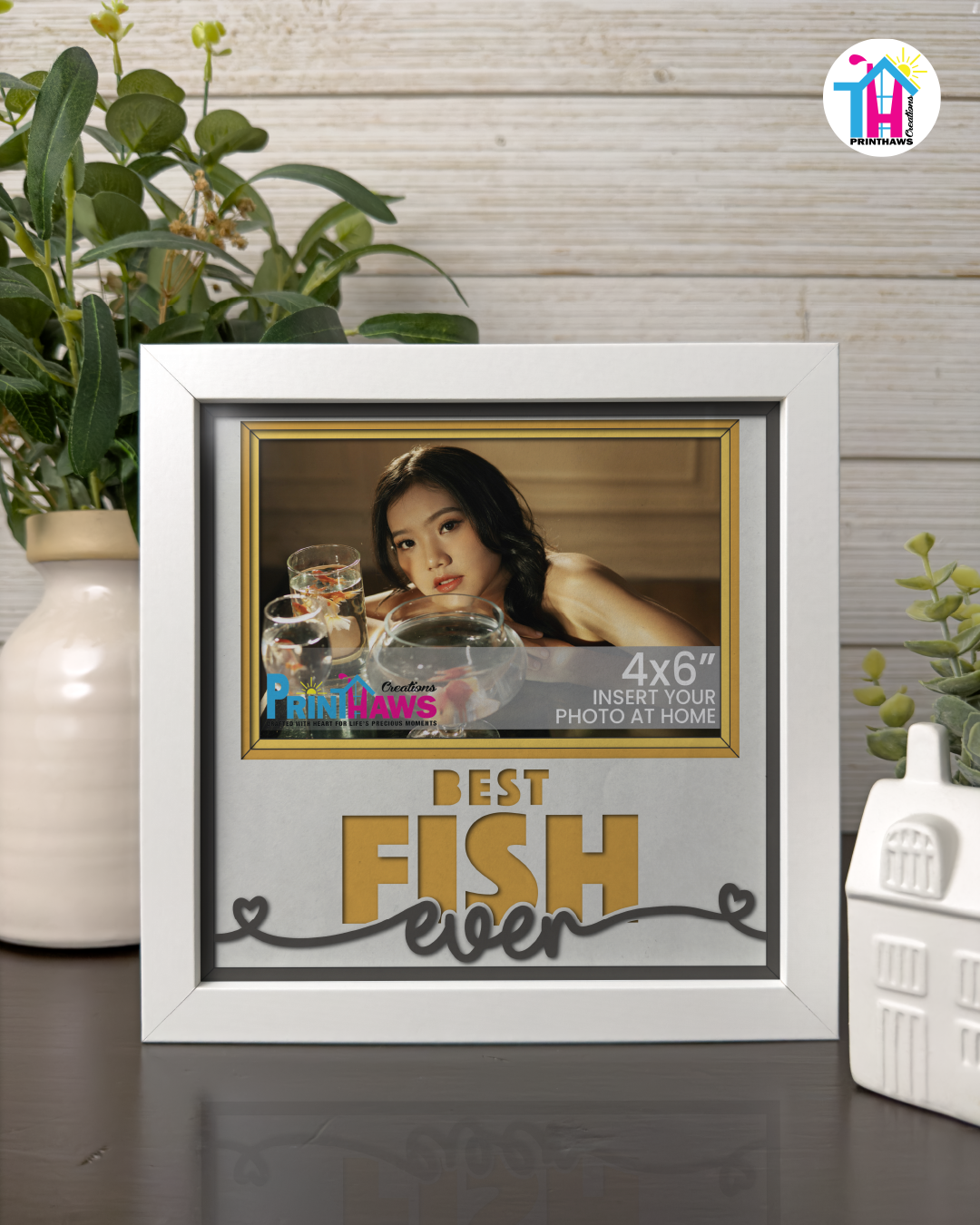 Best Fish Ever - Crafted Memoirs Photo Frame By Printhaws Creations, Matte White Frame In Topaz Yellow, Midnight Joy Theme (Dark, Radiant), 8x8 Frame Holds (4R) Photo -  For Your Pets
