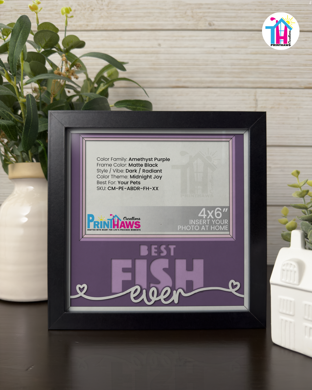 Best Fish Ever - Crafted Memoirs Photo Frame By Printhaws Creations, Matte Black Frame In Amethyst Purple, Midnight Joy Theme (Dark, Radiant), 8x8 Frame Holds (4R) Photo -  For Your Pets
