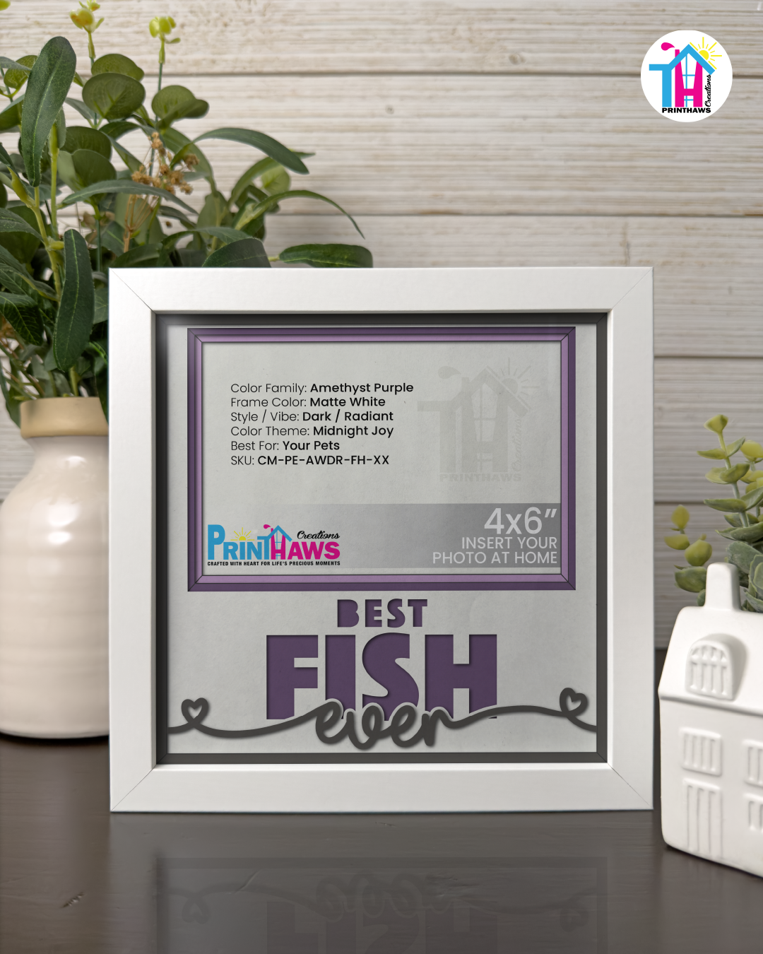 Best Fish Ever - Crafted Memoirs Photo Frame By Printhaws Creations, Matte White Frame In Amethyst Purple, Midnight Joy Theme (Dark, Radiant), 8x8 Frame Holds (4R) Photo -  For Your Pets
