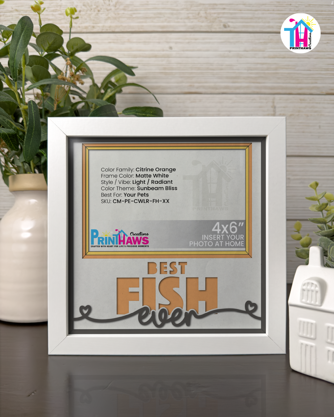 Best Fish Ever - Crafted Memoirs Photo Frame By Printhaws Creations, Matte White Frame In Citrine Orange, Sunbeam Bliss Theme (Light, Radiant), 8x8 Frame Holds (4R) Photo -  For Your Pets