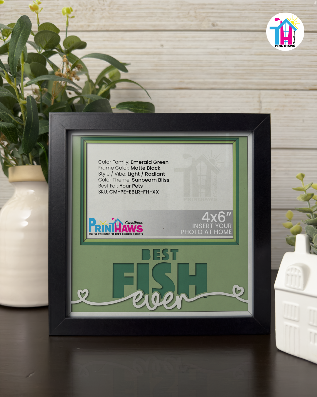 Best Fish Ever - Crafted Memoirs Photo Frame By Printhaws Creations, Matte Black Frame In Emerald Green, Sunbeam Bliss Theme (Light, Radiant), 8x8 Frame Holds (4R) Photo -  For Your Pets