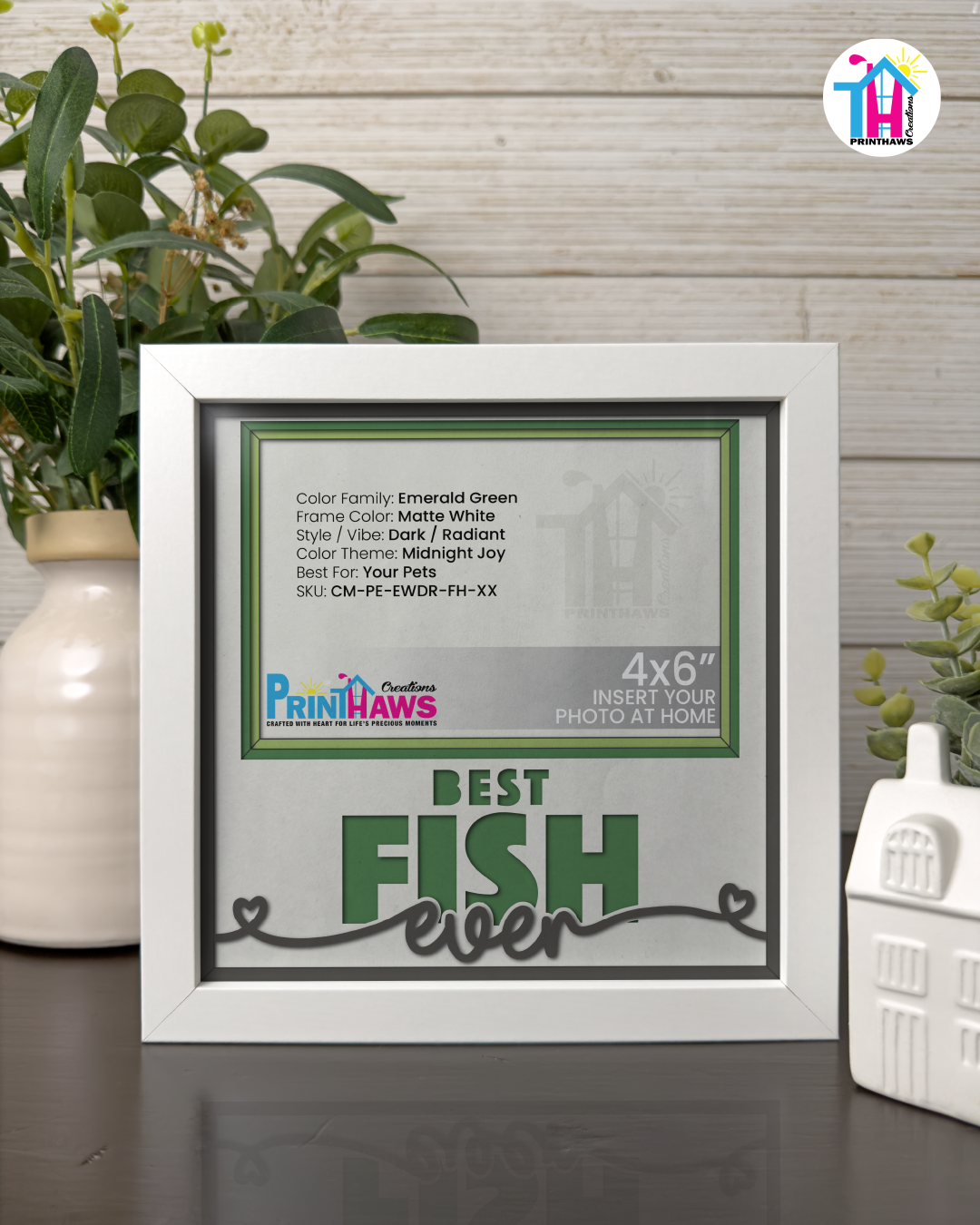 Best Fish Ever - Crafted Memoirs Photo Frame By Printhaws Creations, Matte White Frame In Emerald Green, Midnight Joy Theme (Dark, Radiant), 8x8 Frame Holds (4R) Photo -  For Your Pets