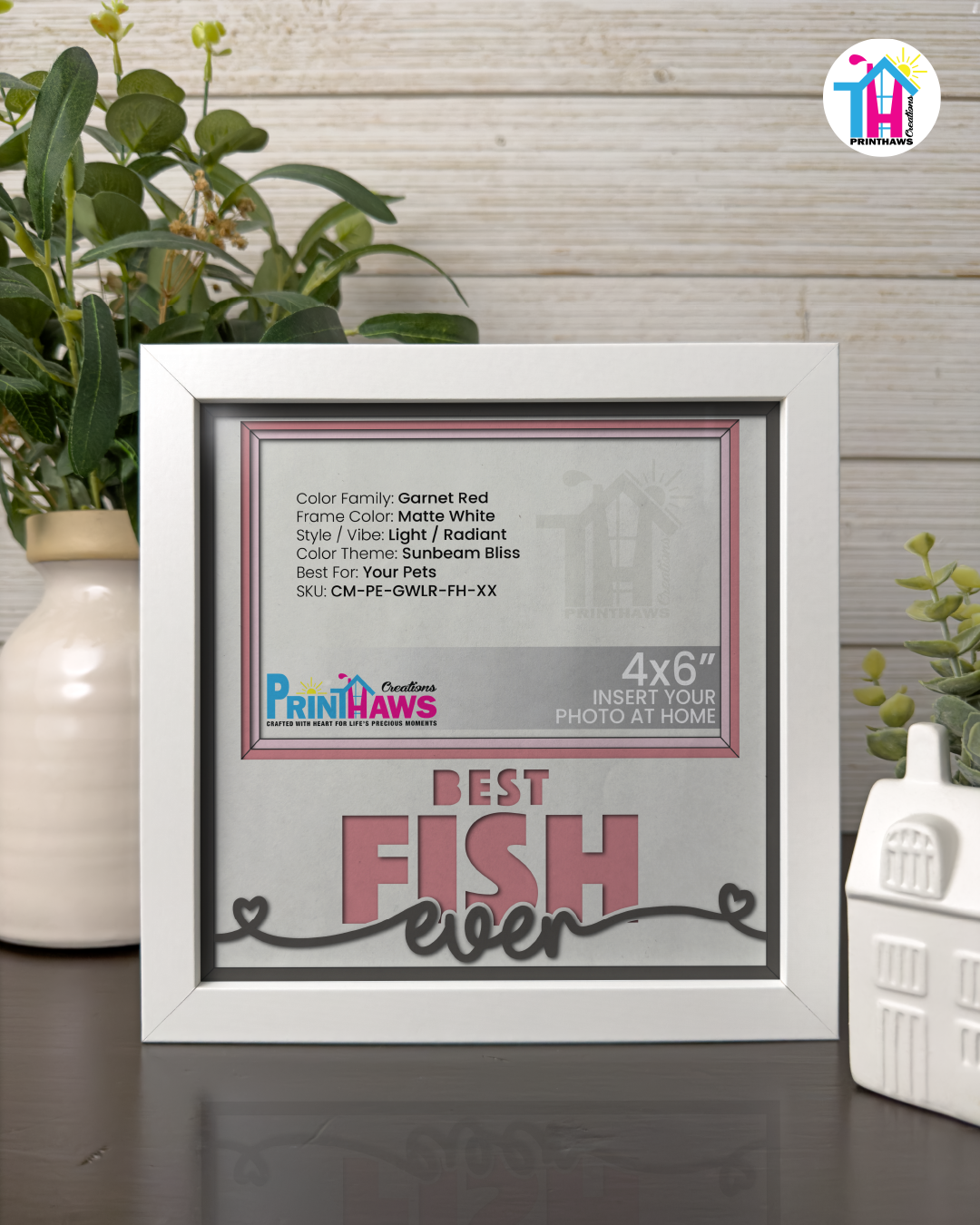 Best Fish Ever - Crafted Memoirs Photo Frame By Printhaws Creations, Matte White Frame In Garnet Red, Sunbeam Bliss Theme (Light, Radiant), 8x8 Frame Holds (4R) Photo -  For Your Pets