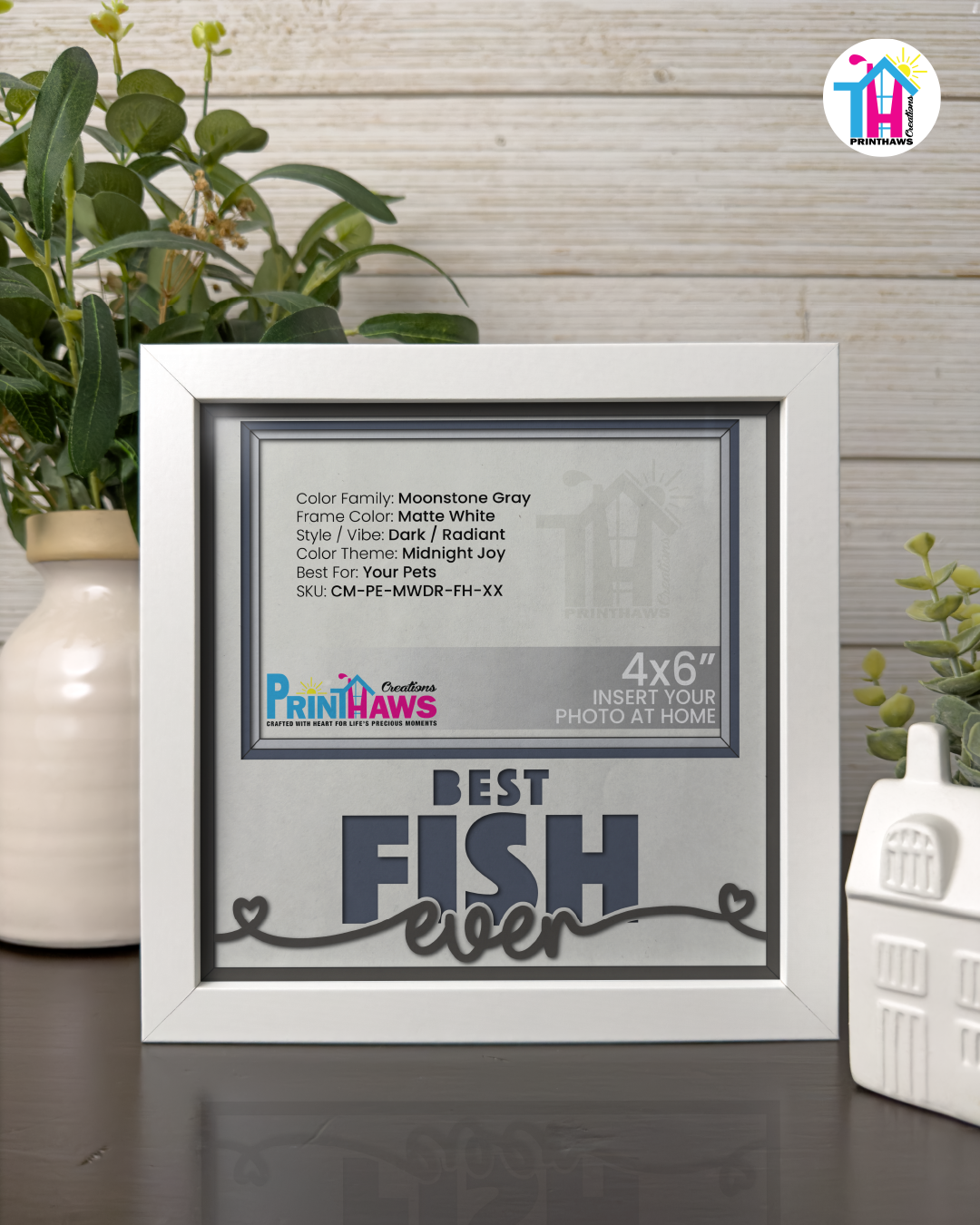 Best Fish Ever - Crafted Memoirs Photo Frame By Printhaws Creations, Matte White Frame In Moonstone Gray, Midnight Joy Theme (Dark, Radiant), 8x8 Frame Holds (4R) Photo -  For Your Pets