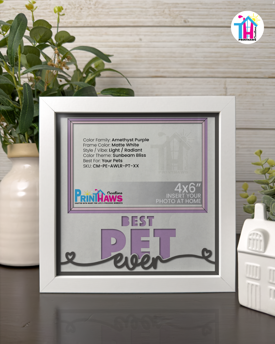 Best Pet Ever - Crafted Memoirs Photo Frame By Printhaws Creations, Matte White Frame In Amethyst Purple, Sunbeam Bliss Theme (Light, Radiant), 8x8 Frame Holds (4R) Photo -  For Your Pets
