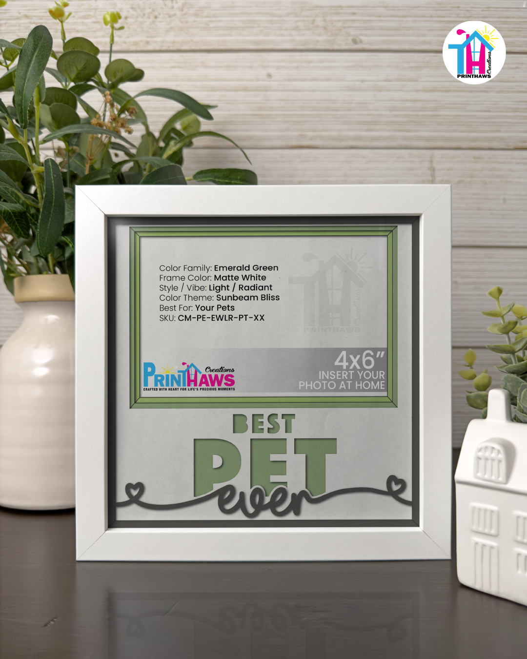 Best Pet Ever - Crafted Memoirs Photo Frame By Printhaws Creations, Matte White Frame In Emerald Green, Sunbeam Bliss Theme (Light, Radiant), 8x8 Frame Holds (4R) Photo -  For Your Pets