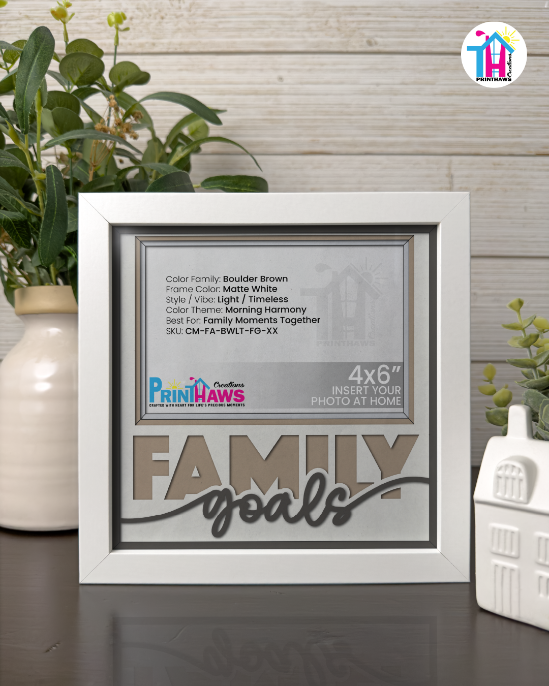 Family Goals - Crafted Memoirs Photo Frame By Printhaws Creations, Matte White Frame In Boulder Brown, Morning Harmony Theme (Light, Timeless), 8x8 Frame Holds (4R) Photo -  For Family Moments Together