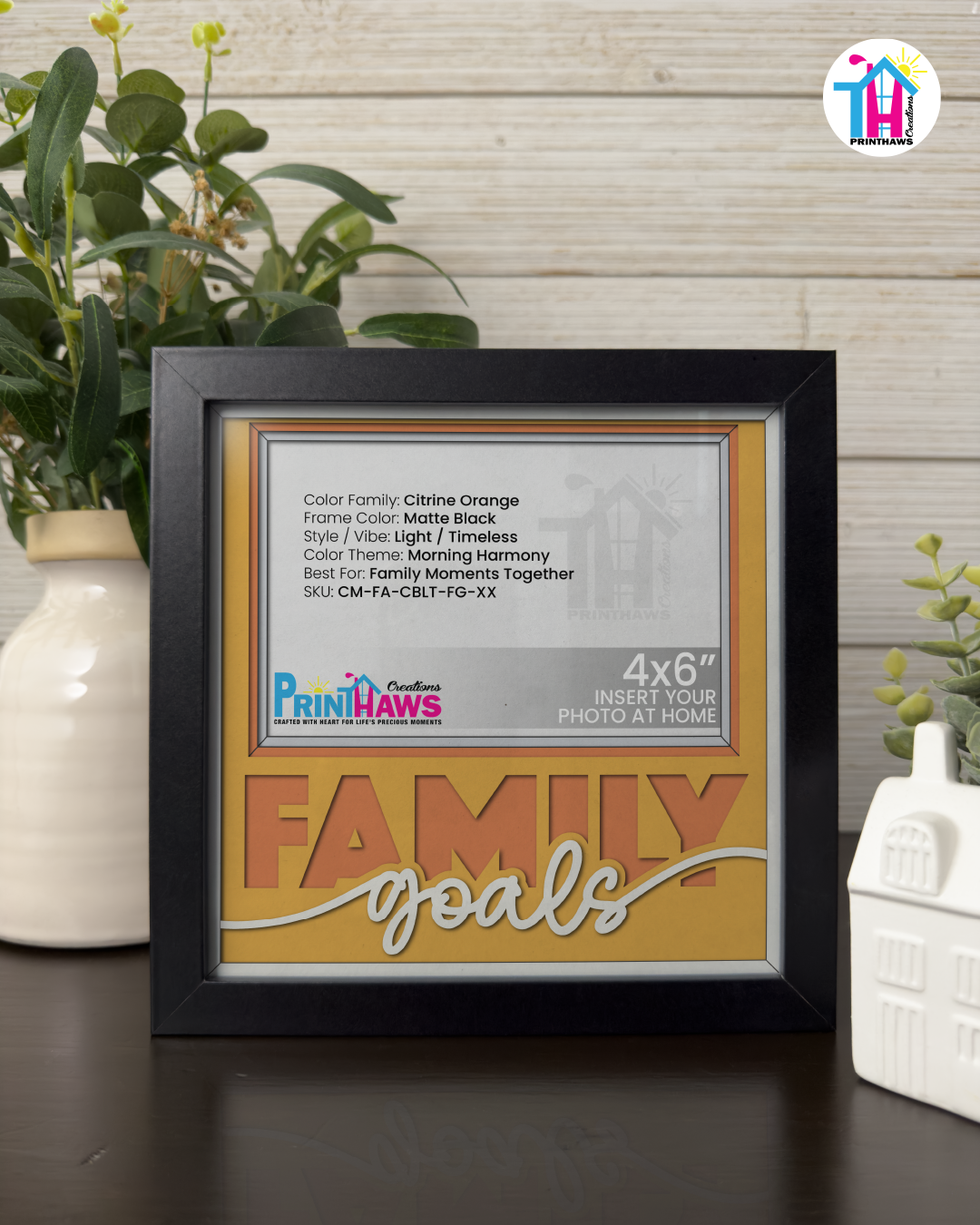 Family Goals - Crafted Memoirs Photo Frame By Printhaws Creations, Matte Black Frame In Citrine Orange, Morning Harmony Theme (Light, Timeless), 8x8 Frame Holds (4R) Photo -  For Family Moments Together