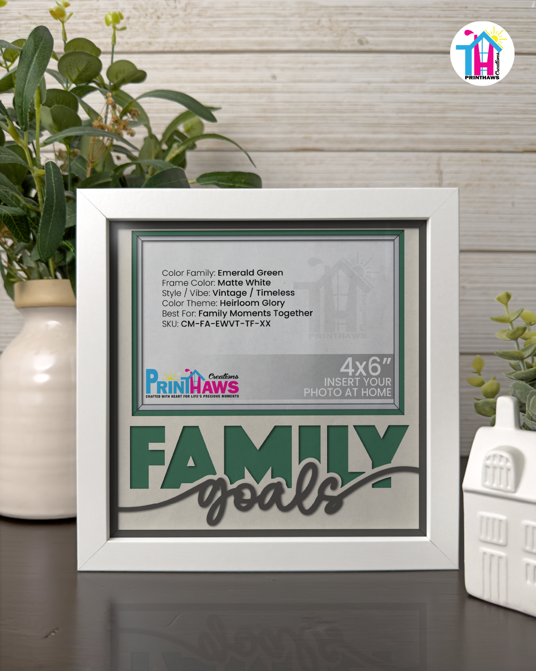 Family Goals - Crafted Memoirs Photo Frame By Printhaws Creations, Matte White Frame In Emerald Green, Heirloom Glory Theme (Vintage, Timeless), 8x8 Frame Holds (4R) Photo -  For Family Moments Together