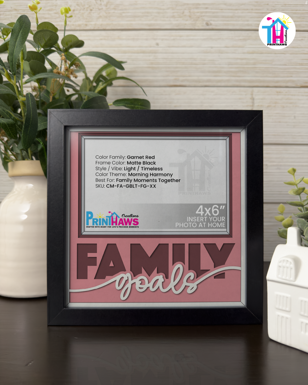 Family Goals - Crafted Memoirs Photo Frame By Printhaws Creations, Matte Black Frame In Garnet Red, Morning Harmony Theme (Light, Timeless), 8x8 Frame Holds (4R) Photo -  For Family Moments Together