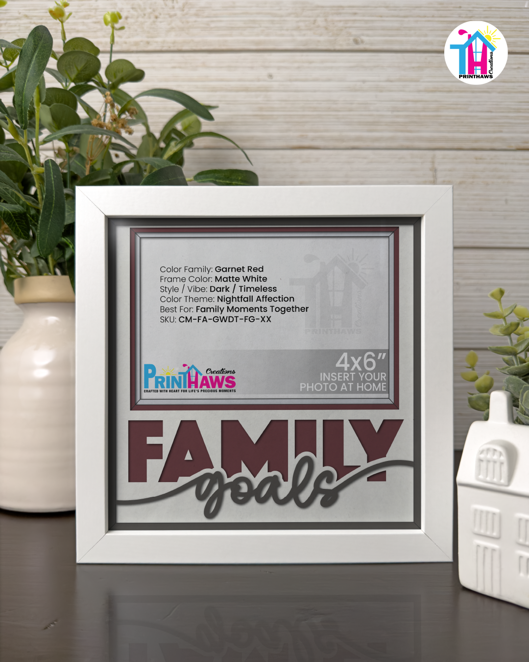 Family Goals - Crafted Memoirs Photo Frame By Printhaws Creations, Matte White Frame In Garnet Red, Nightfall Affection Theme (Dark, Timeless), 8x8 Frame Holds (4R) Photo -  For Family Moments Together