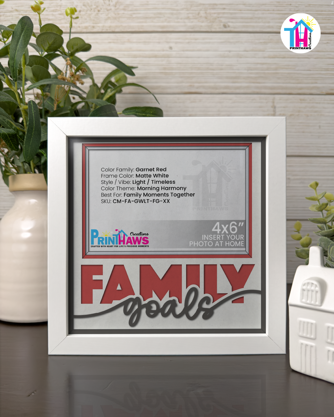 Family Goals - Crafted Memoirs Photo Frame By Printhaws Creations, Matte White Frame In Garnet Red, Morning Harmony Theme (Light, Timeless), 8x8 Frame Holds (4R) Photo -  For Family Moments Together