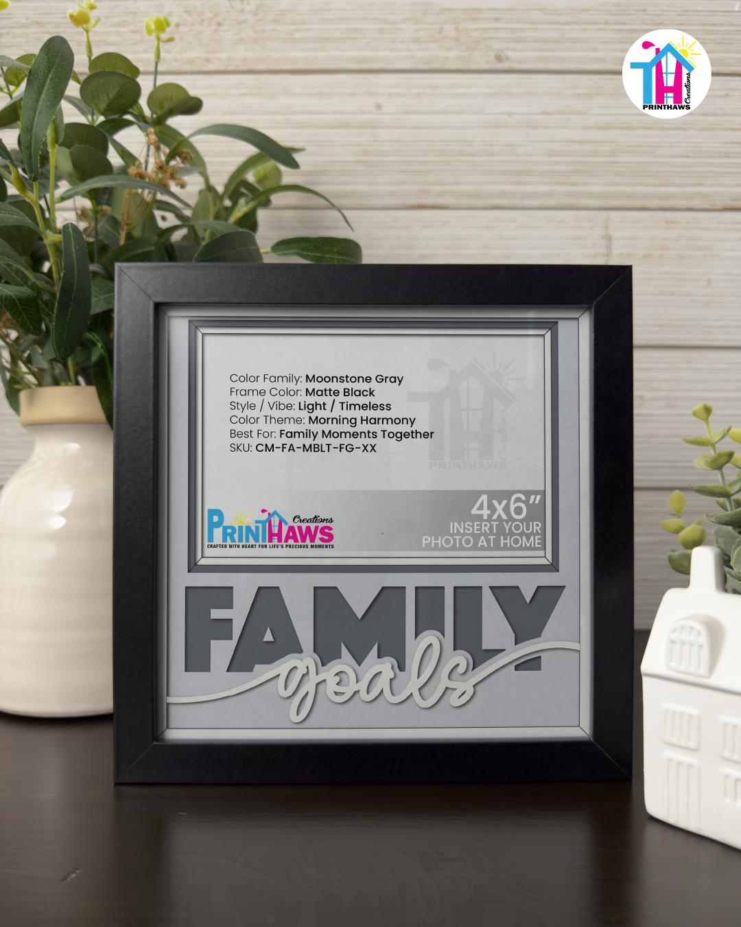 Family Goals - Crafted Memoirs Photo Frame By Printhaws Creations, Matte Black Frame In Moonstone Gray, Morning Harmony Theme (Light, Timeless), 8x8 Frame Holds (4R) Photo -  For Family Moments Together