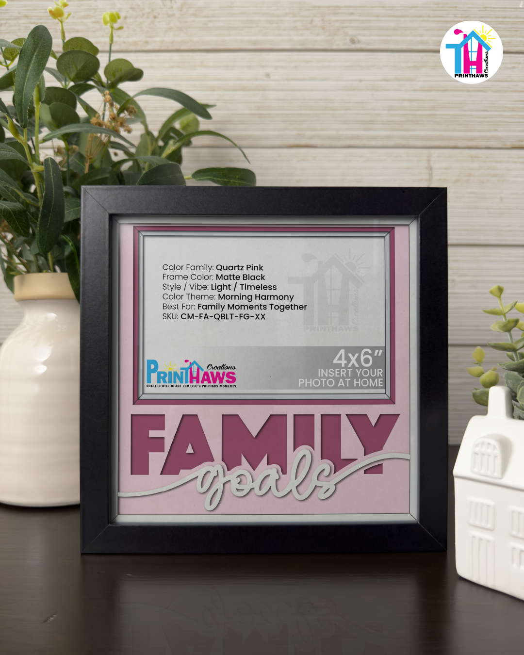 Family Goals - Crafted Memoirs Photo Frame By Printhaws Creations, Matte Black Frame In Quartz Pink, Morning Harmony Theme (Light, Timeless), 8x8 Frame Holds (4R) Photo -  For Family Moments Together