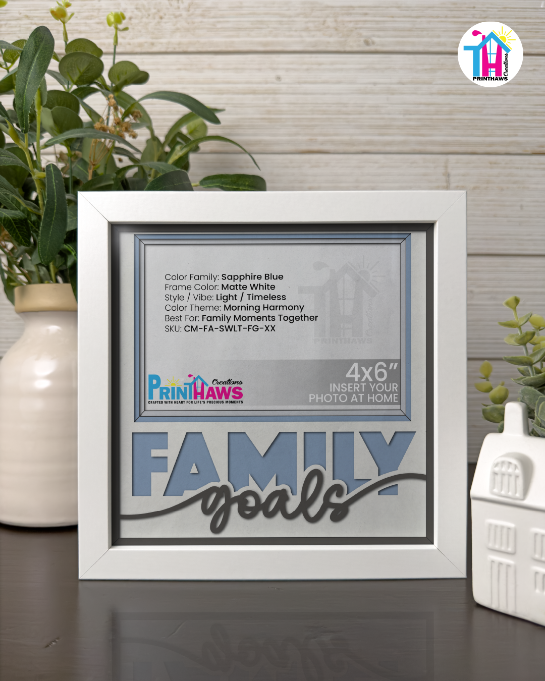 Family Goals - Crafted Memoirs Photo Frame By Printhaws Creations, Matte White Frame In Sapphire Blue, Morning Harmony Theme (Light, Timeless), 8x8 Frame Holds (4R) Photo -  For Family Moments Together