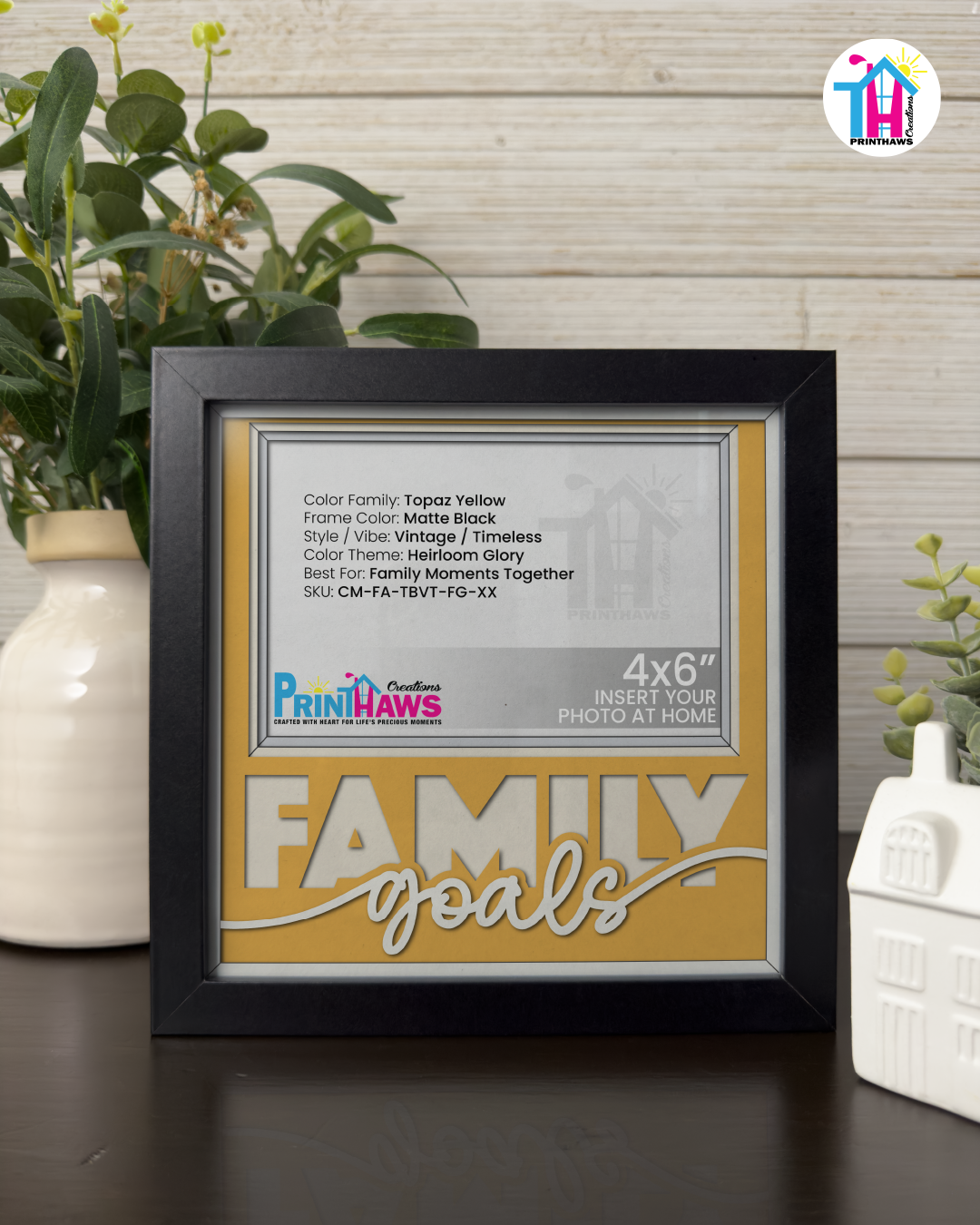 Family Goals - Crafted Memoirs Photo Frame By Printhaws Creations, Matte Black Frame In Topaz Yellow, Heirloom Glory Theme (Vintage, Timeless), 8x8 Frame Holds (4R) Photo -  For Family Moments Together