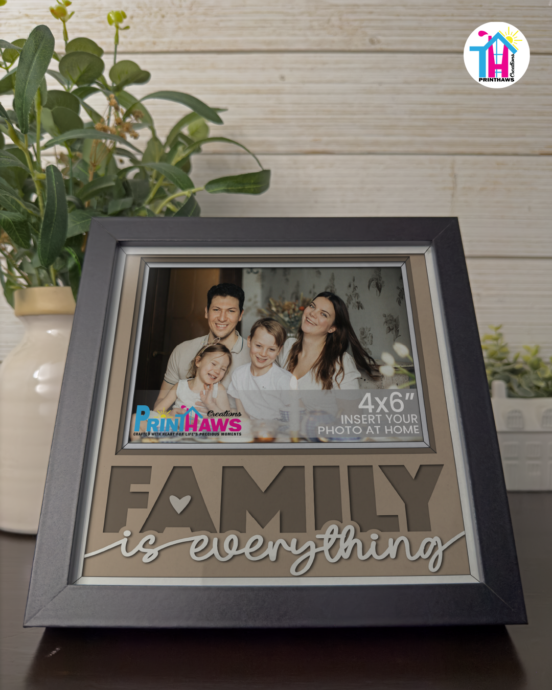 Family Is Everything - Crafted Memoirs Photo Frame By Printhaws Creations, Reclined View Of Matte Black Frame In Boulder Brown, Morning Harmony Theme (Light, Timeless), 8x8 Frame Holds (4R) Photo -  For Family Moments Together