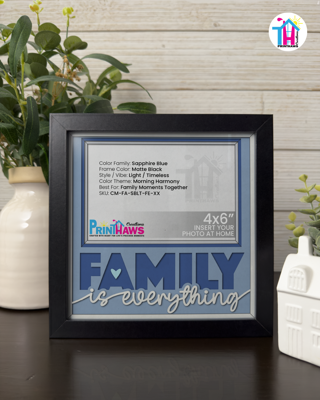 Family Is Everything - Crafted Memoirs Photo Frame By Printhaws Creations, Matte Black Frame In Sapphire Blue, Morning Harmony Theme (Light, Timeless), 8x8 Frame Holds (4R) Photo -  For Family Moments Together