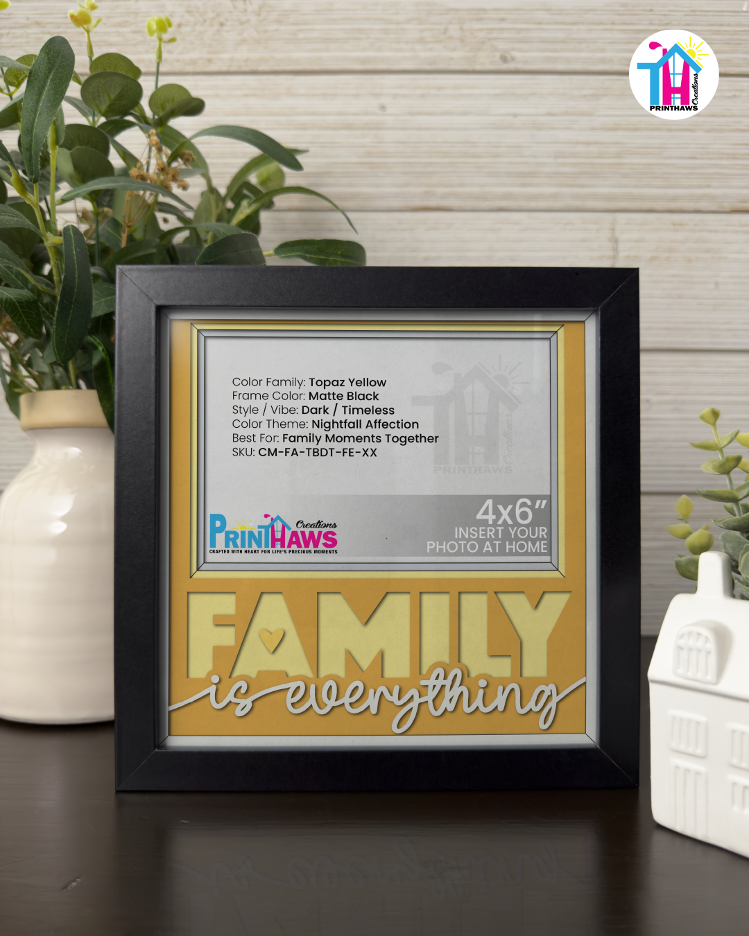 Family Is Everything - Crafted Memoirs Photo Frame By Printhaws Creations, Matte Black Frame In Topaz Yellow, Nightfall Affection Theme (Dark, Timeless), 8x8 Frame Holds (4R) Photo -  For Family Moments Together