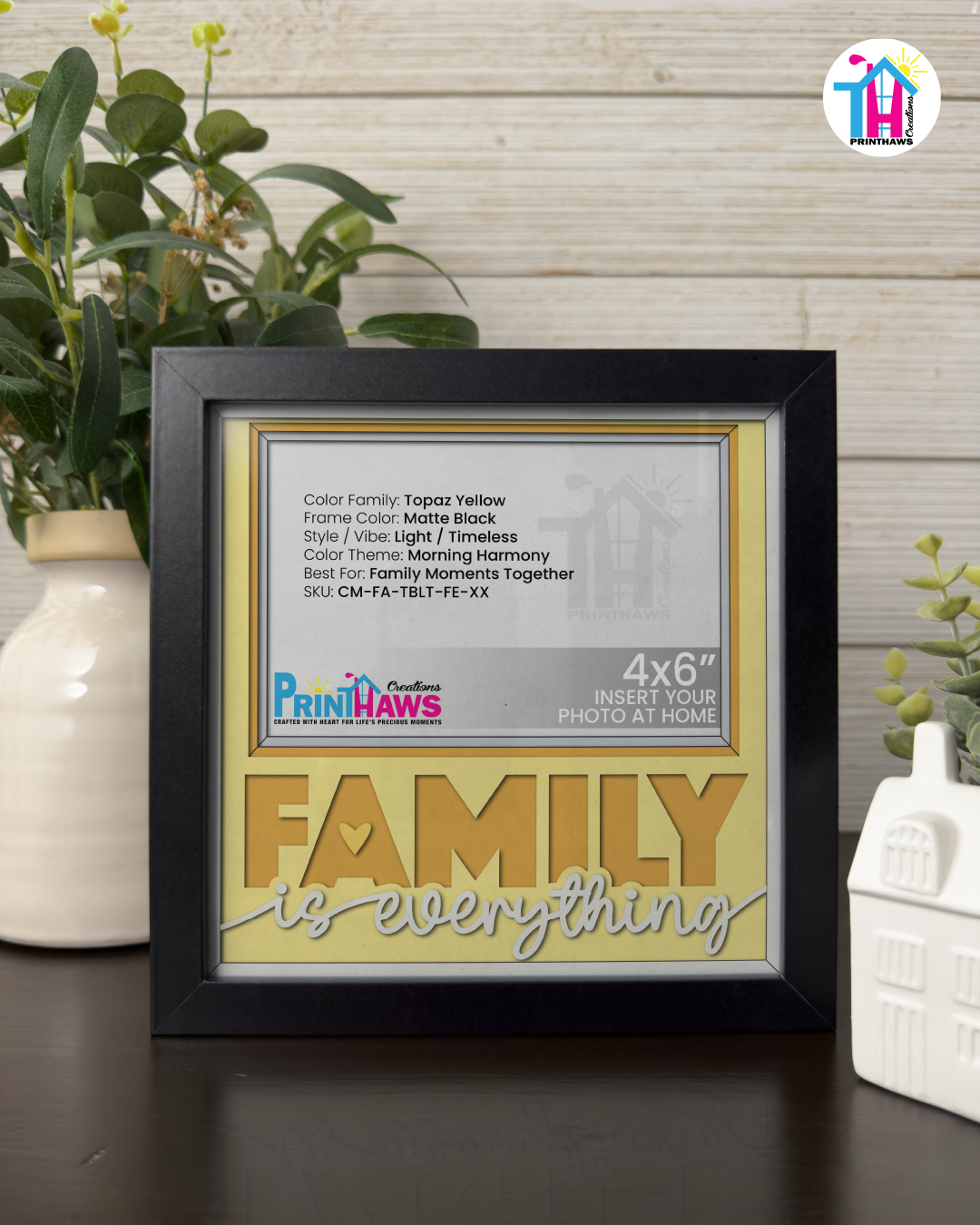 Family Is Everything - Crafted Memoirs Photo Frame By Printhaws Creations, Matte Black Frame In Topaz Yellow, Morning Harmony Theme (Light, Timeless), 8x8 Frame Holds (4R) Photo -  For Family Moments Together