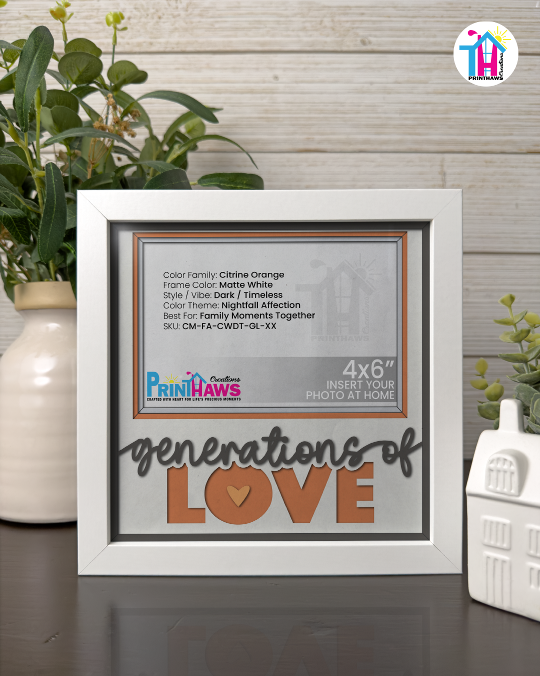 Generations Of Love - Crafted Memoirs Photo Frame By Printhaws Creations, Matte White Frame In Citrine Orange, Nightfall Affection Theme (Dark, Timeless), 8x8 Frame Holds (4R) Photo -  For Family Moments Together