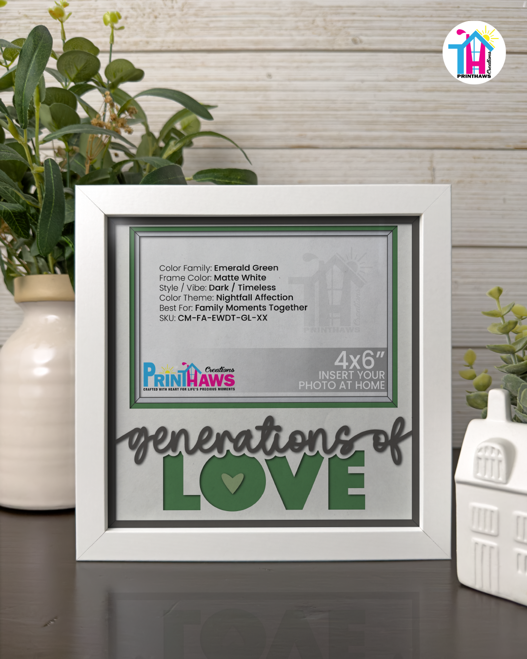 Generations Of Love - Crafted Memoirs Photo Frame By Printhaws Creations, Matte White Frame In Emerald Green, Nightfall Affection Theme (Dark, Timeless), 8x8 Frame Holds (4R) Photo -  For Family Moments Together