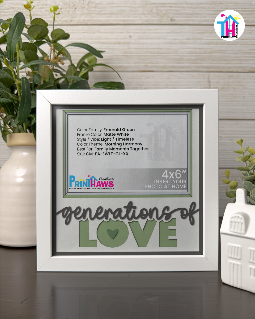 Generations Of Love - Crafted Memoirs Photo Frame By Printhaws Creations, Matte White Frame In Emerald Green, Morning Harmony Theme (Light, Timeless), 8x8 Frame Holds (4R) Photo -  For Family Moments Together