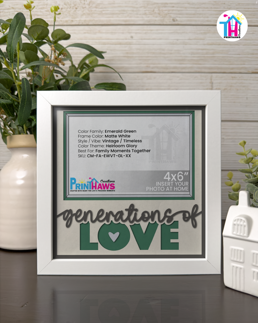 Generations Of Love - Crafted Memoirs Photo Frame By Printhaws Creations, Matte White Frame In Emerald Green, Heirloom Glory Theme (Vintage, Timeless), 8x8 Frame Holds (4R) Photo -  For Family Moments Together