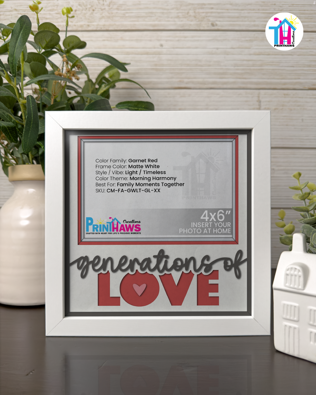 Generations Of Love - Crafted Memoirs Photo Frame By Printhaws Creations, Matte White Frame In Garnet Red, Morning Harmony Theme (Light, Timeless), 8x8 Frame Holds (4R) Photo -  For Family Moments Together