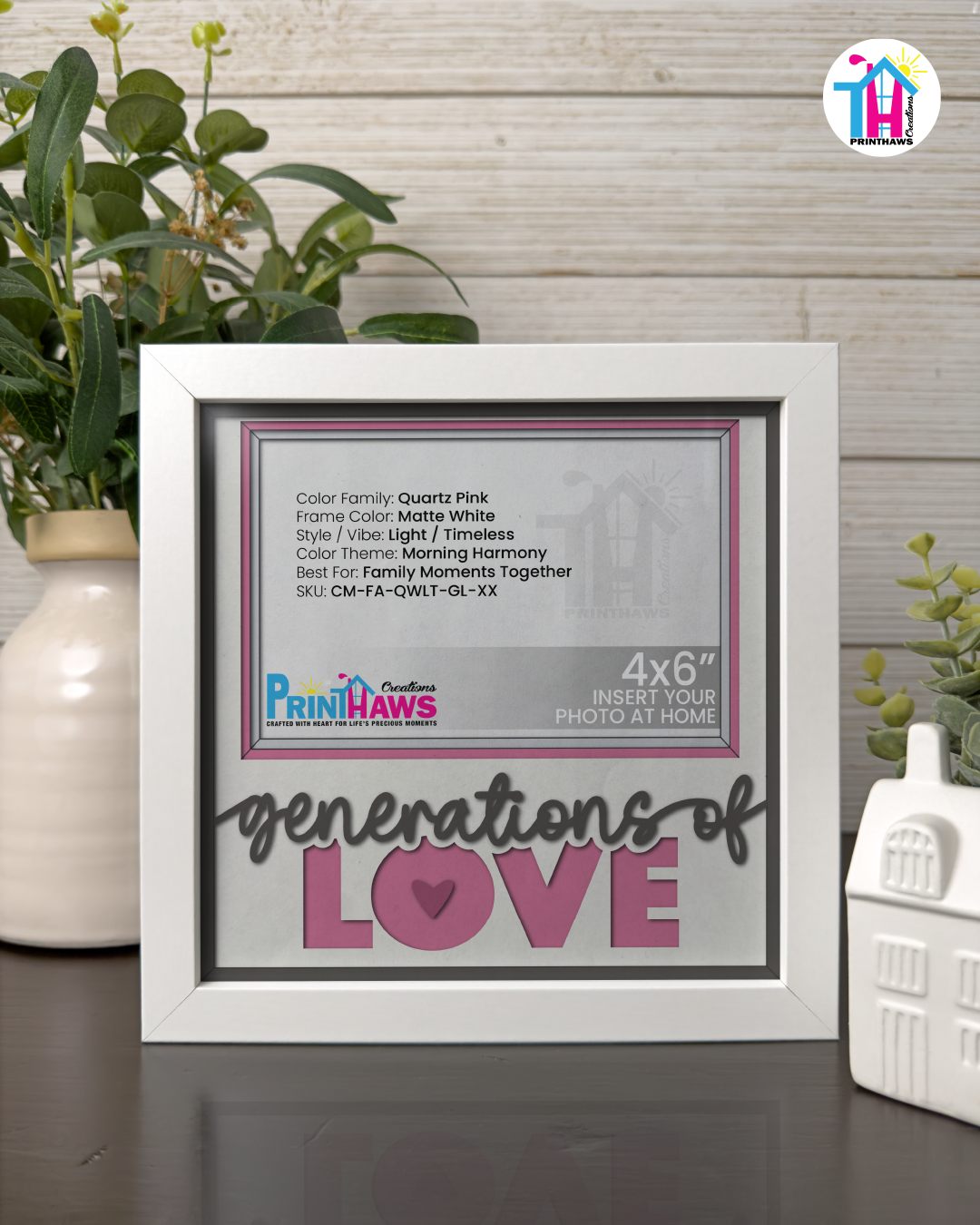 Generations Of Love - Crafted Memoirs Photo Frame By Printhaws Creations, Matte White Frame In Quartz Pink, Morning Harmony Theme (Light, Timeless), 8x8 Frame Holds (4R) Photo -  For Family Moments Together