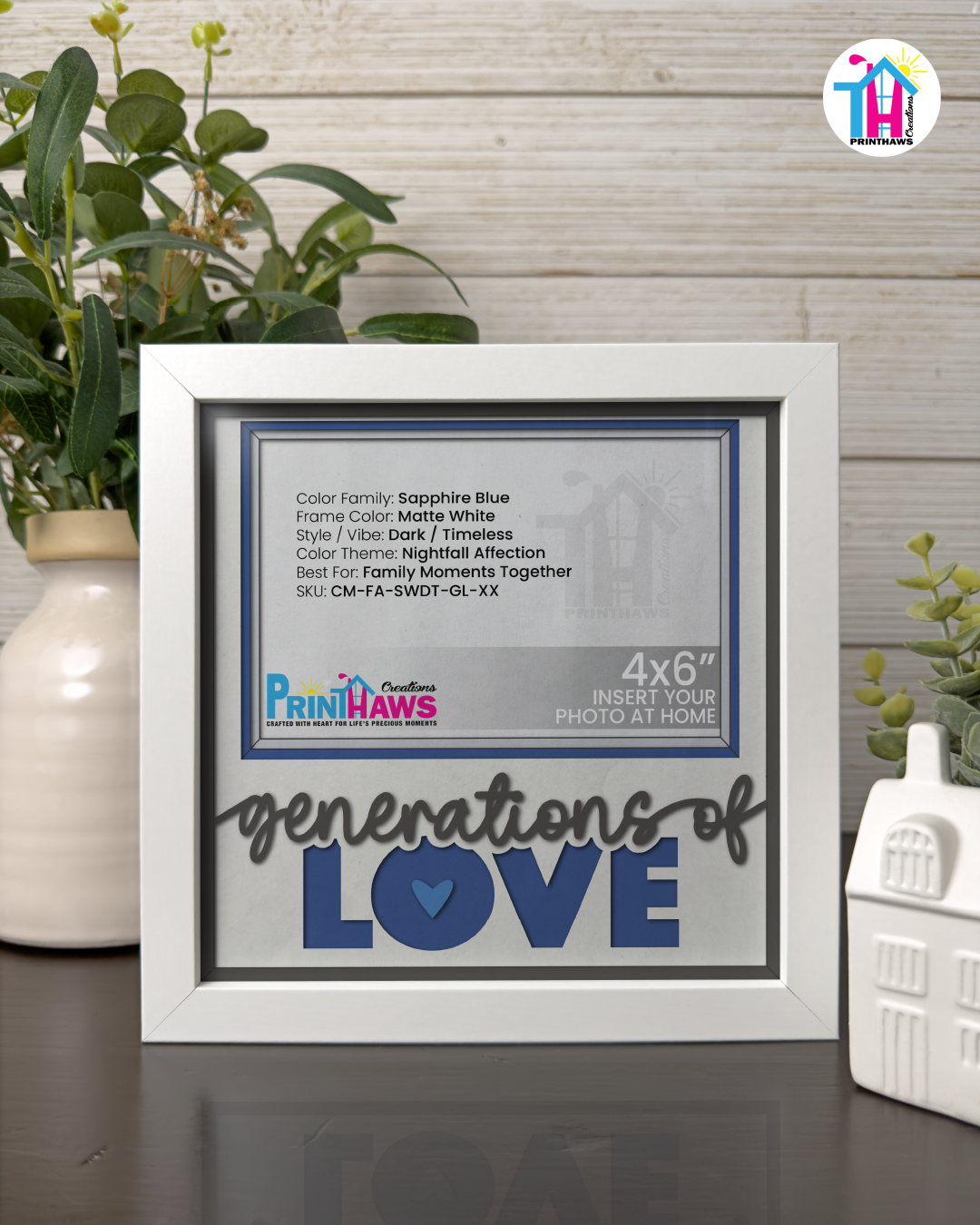 Generations Of Love - Crafted Memoirs Photo Frame By Printhaws Creations, Matte White Frame In Sapphire Blue, Nightfall Affection Theme (Dark, Timeless), 8x8 Frame Holds (4R) Photo -  For Family Moments Together