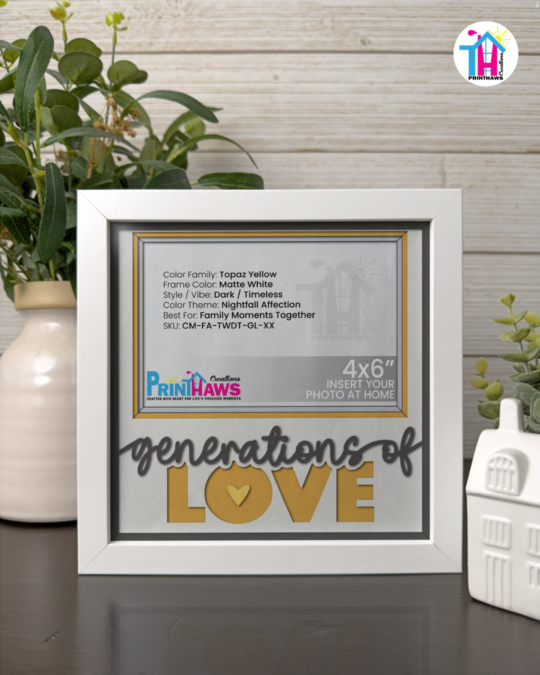 Generations Of Love - Crafted Memoirs Photo Frame By Printhaws Creations, Matte White Frame In Topaz Yellow, Nightfall Affection Theme (Dark, Timeless), 8x8 Frame Holds (4R) Photo -  For Family Moments Together