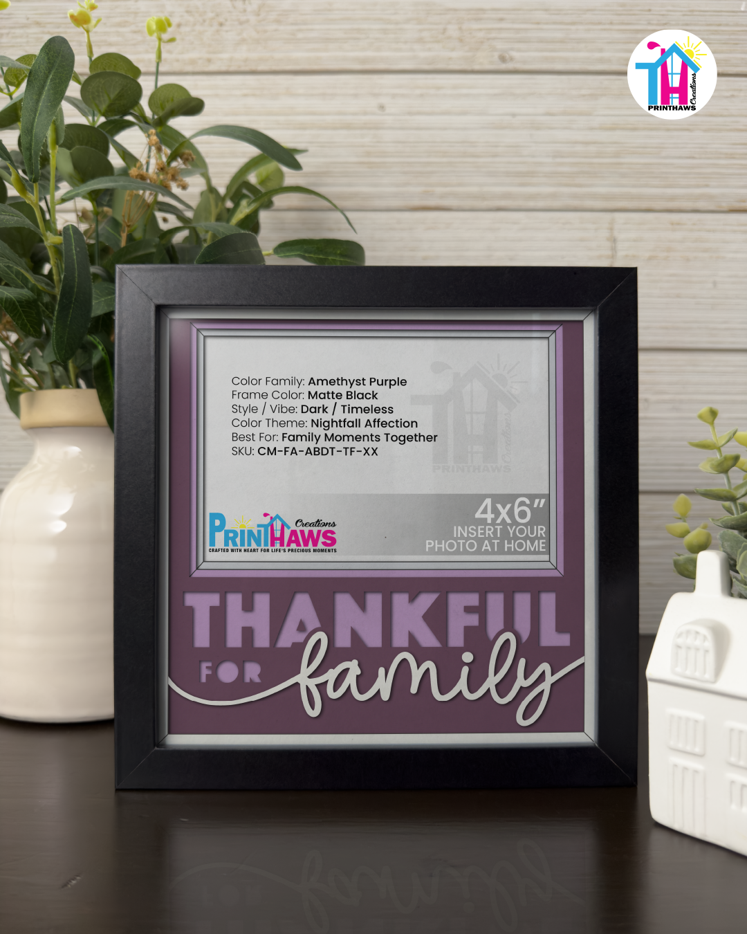 Thankful For Family - Crafted Memoirs Photo Frame By Printhaws Creations, Matte Black Frame In Amethyst Purple, Nightfall Affection Theme (Dark, Timeless), 8x8 Frame Holds (4R) Photo -  For Family Moments Together