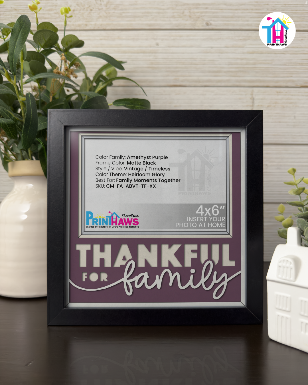 Thankful For Family - Crafted Memoirs Photo Frame By Printhaws Creations, Matte Black Frame In Amethyst Purple, Heirloom Glory Theme (Vintage, Timeless), 8x8 Frame Holds (4R) Photo -  For Family Moments Together
